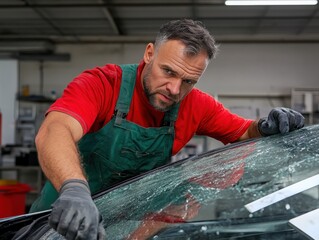 Caucasian man repairing car windshield in auto repair shop