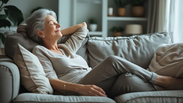 Older woman relaxing on a couch with her eyes closed and arms behind head