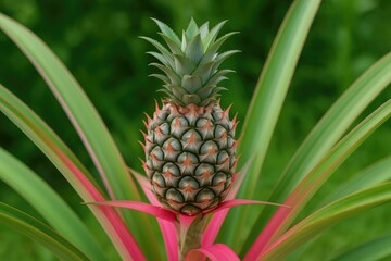 Tropical bromeliad with pink foliage bearing a pineapple (Ananas Comosus)