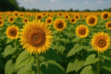 Fototapeta premium Vibrant sunflower blossoms in a rural farmland scene