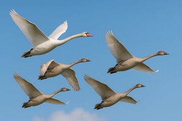 Fototapeta premium Graceful Swans in Flight Against Clear Blue Skies