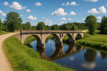 Fototapeta premium Ancient arch spanning a river in rural landscape of a Baltic nation