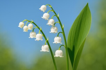 Detailed close-up of lily of the valley blossoms against a lush green bokeh backdrop