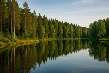 Obraz premium Serene woodland scene featuring a tranquil lake amidst lush greenery