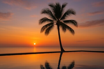 Fototapeta premium Sunset scene featuring a palm tree in the background