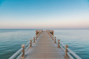 Obraz premium A long wooden pier extends into the calm ocean under a clear blue sky at dusk