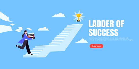 Success career ladder steps path challenge with business goal achievement flag objective on the top of it business concept flat vector illustration. Office person running onto success career steps.