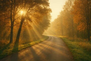 Obraz premium Sunrise illuminating a rural autumn highway with a nostalgic vintage aesthetic