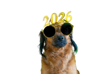 a puppy dog celebrates the beginning of the new year 2026 with gold and shiny glasses. isolated transparent background. happy new year 2026