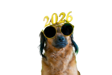 a puppy dog celebrates the beginning of the new year 2026 with gold and shiny glasses. isolated transparent background. happy new year 2026