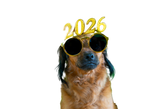 a puppy dog celebrates the beginning of the new year 2026 with gold and shiny glasses. isolated transparent background. happy new year 2026