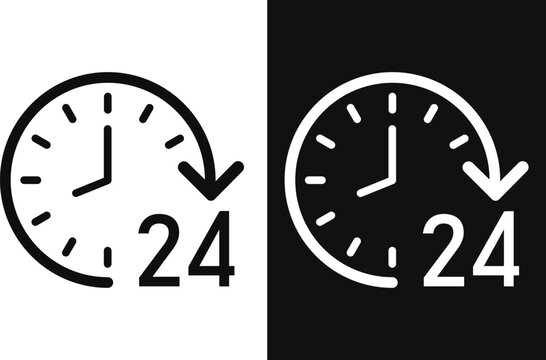 Clock with a 24 hours sign. All day service icon set. vector set in black colors