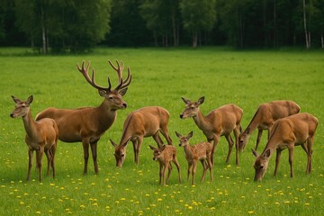 A group of majestic deer peacefully feeding on a lush grassy field dotted with dandelions, showcasing various ages including a dominant male and several females, along with young fawns in a natural