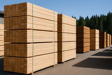 Open-air lumber storage with neatly stacked wood planks prepared for dispatch