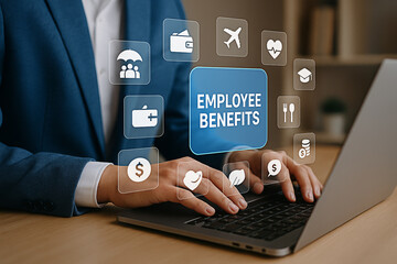 Professional in Blue Blazer Typing on Laptop with Floating Employee Benefits Icons in Modern Office Setting
