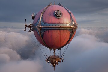 Steampunk airship, rosy sphere, high above clouds