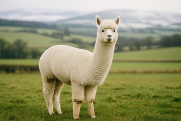 Fototapeta premium Picture of a mature Alpaca grazing in a grassy meadow