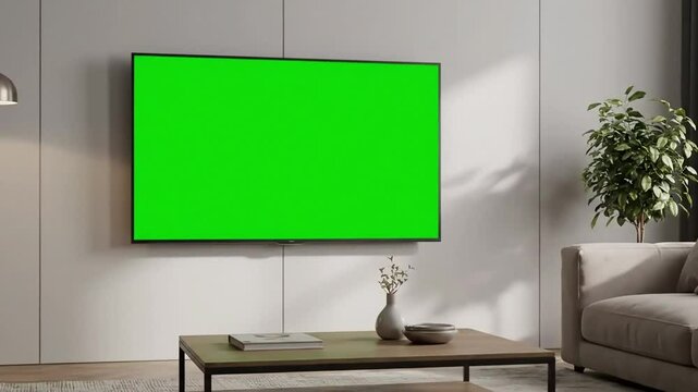 Living room interior with green screen TV, sofa, coffee table and decorations for video editing