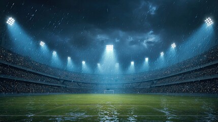 Floodlit football stadium during intense rainstorm with glowing lights and reflections on wet grass field