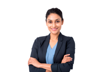 Professional female business portrait with confident pose and smile on transparent background, PNG