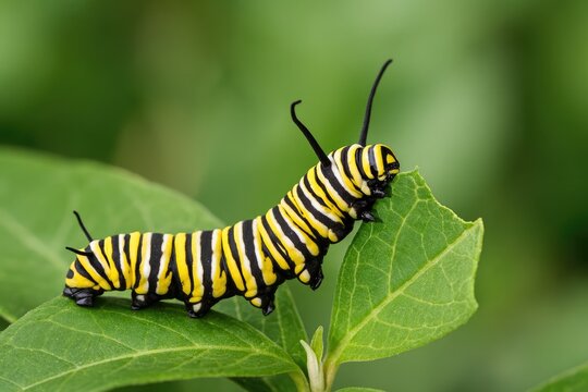 Caterpillar of the Monarch butterfly consuming milkweed plant