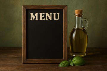 Menu display featuring a bottle of oil