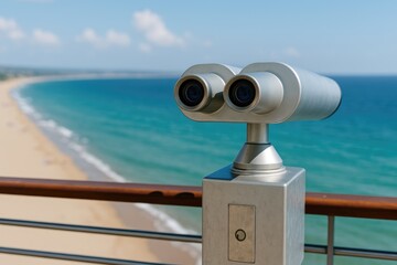 Tourist Viewing Binoculars at Scenic Overlook with Ocean View