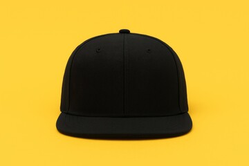 Fototapeta premium Unadorned front view of a black snapback cap on a yellow backdrop for custom designs and branding mock-ups