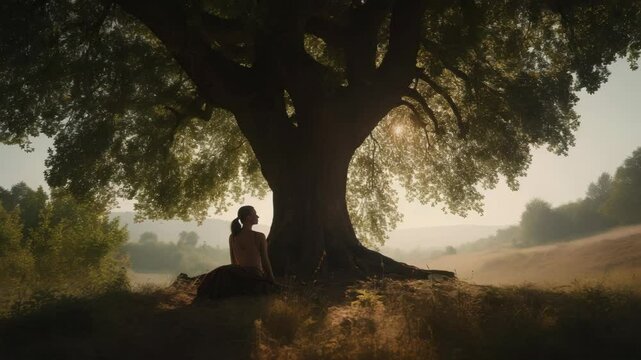 Person under large tree golden light