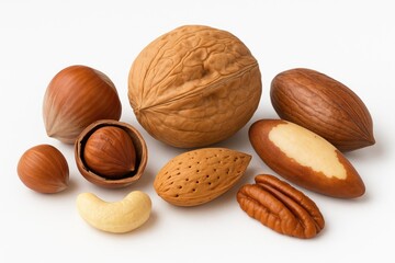 Single nuts displayed on a plain white backdrop