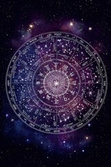 Zodiac constellation chart in glowing purple galaxy with astrological symbols and celestial background