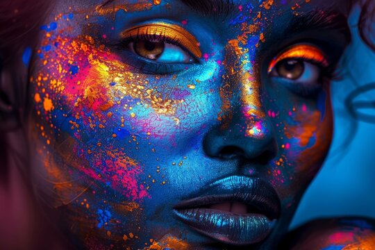 Close up portrait of a woman with colorful holi powder paint makeup art on her face