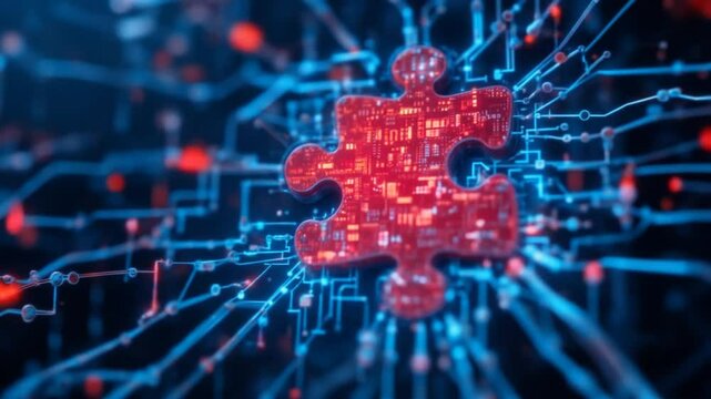 Puzzle pieces on a digital background symbolize the modular and interconnected nature of microservices architecture. 4k video