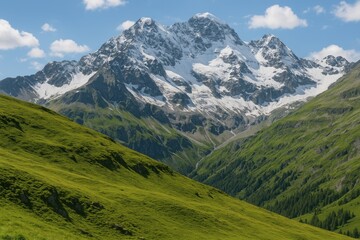 Obraz premium Snow-capped peaks alongside lush green slopes