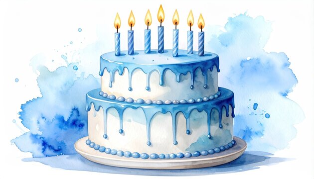 Watercolor birthday cake with blue icing and candles