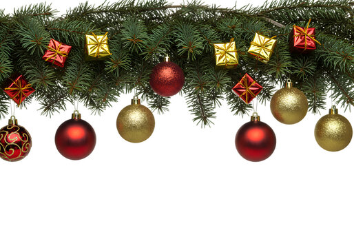 Isolated Christmas Ornament Garland with Red and Gold Decorations on Black - Powered by Adobe