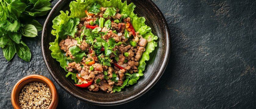 Colorful Thai style pork larb salad with minced meat, fresh herbs, and lettuce leaves, served in a rustic bowl with a side of crushed peanuts, perfect for a light meal