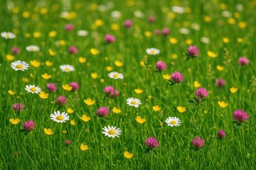 Fototapeta premium Blooming wildflowers in the meadow during springtime