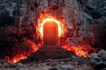 A glowing, wooden door in a fiery rock face