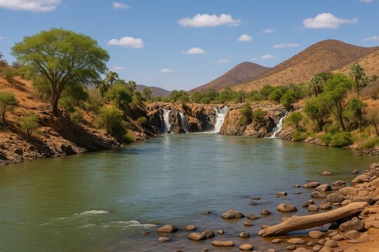 Scenic view of a river close to a stunning waterfall on the border between two African nations