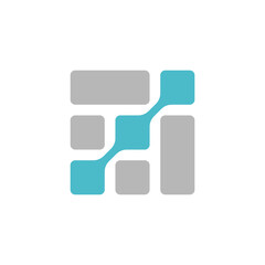 An abstract design featuring grey rectangular and square blocks interconnected by a light blue diagonal pathway