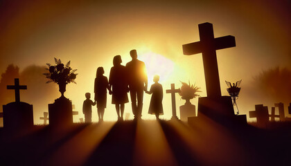 Schattenbild einer Familie mit Kinder auf einem Friedhof mit Kreuzen