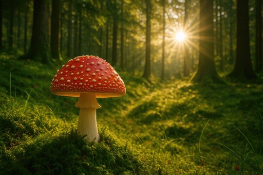 Vibrant red toadstools growing amidst lush green moss in a serene woodland scene during morning light