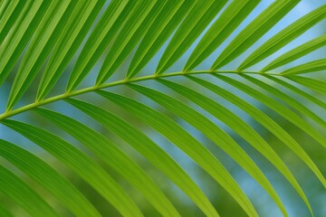 Close-up of a palm leaf with a natural background, featuring detailed textures and intentional blur effects