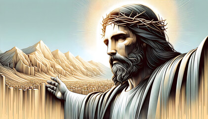 Illustration Jesus mit Dornenkrone am Kreuz