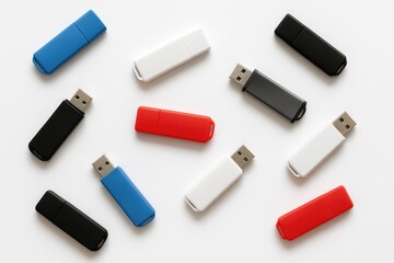 Multiple USB flash drives displayed against a white backdrop