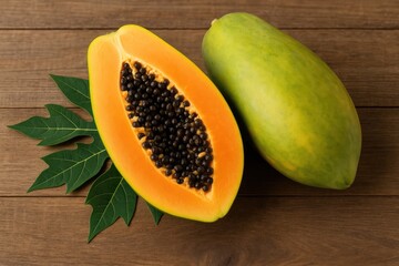 Wooden surface showcasing fresh papaya fruit