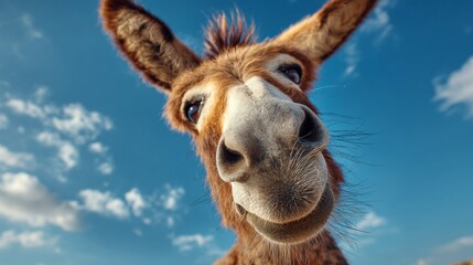 Obraz premium Donkey with humorous facial expression standing in front of bright blue sky background