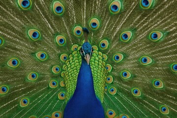Obraz premium Vibrant peacock showcasing its fully spread feathers