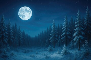 Naklejka premium Winter night with a full moon illuminating the sky